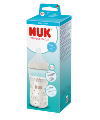 Nuk Glasflasche Perfect Match Gegen Koliken mit Silikonsauger für 3 Monate White 230ml | Germany